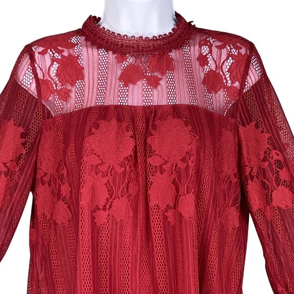 Ultra Pink Womens M Floral Lace Long Sleeve Blouse Red Feminine Top Cottagecore - Picture 6 of 16